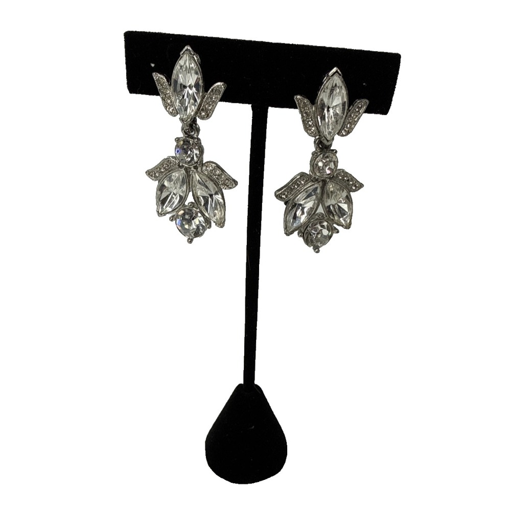 Vintage Eisenberg Ice Clip On Dangle Earrings Rhinestone Silver‎ Tone